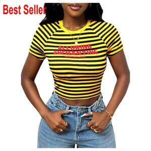 Striped Graphic Cropped T-Shirt Y2K Fitted Tee Short Sleeve Casual Top